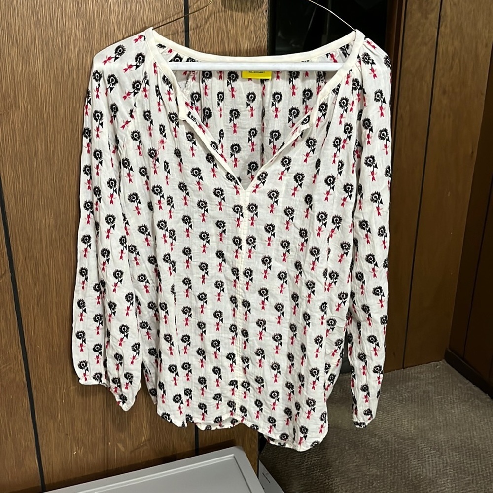 Roller Rabbit Cotton Ivory Embroidered Floral Split Collar Peasant Blouse